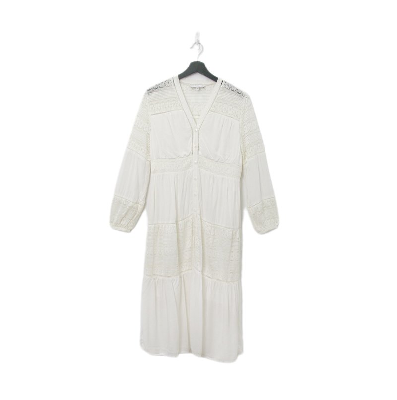 Back to Green-復古長袖洋裝 純白摟空花雕g-20//vintage dress - 洋裝/連身裙 - 棉．麻 