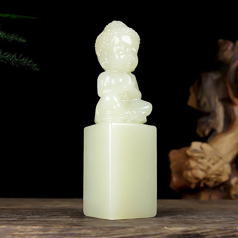 客制姓名印章小沙彌和田玉大日如來佛印泥13x13x66mm - 印章/印台 - 玉石 白色