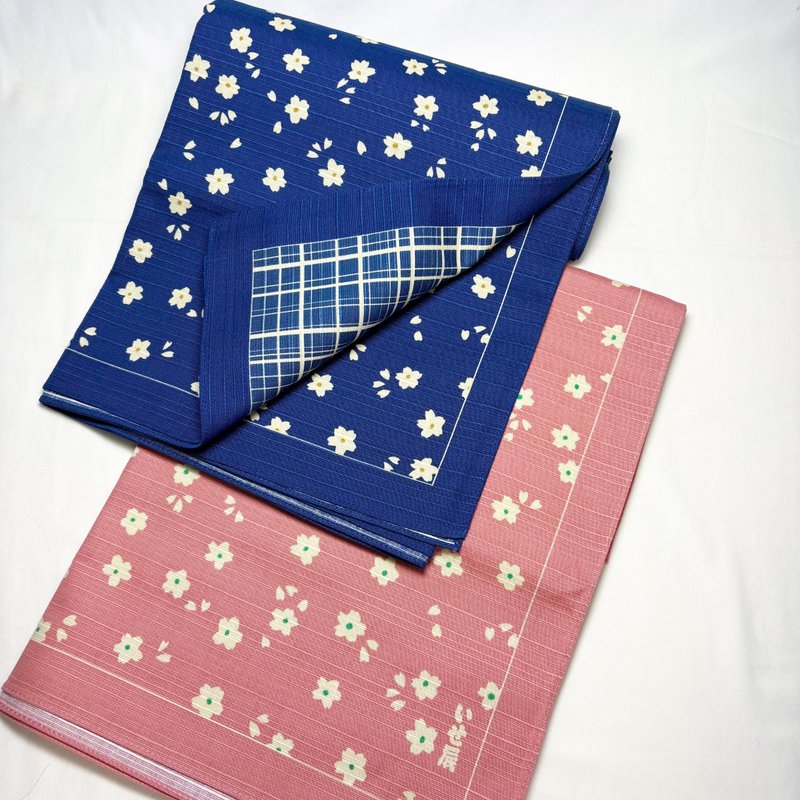京都風呂敷包巾-いせ辰 二四巾-格子櫻(粉/藍) - 手帕 - 棉．麻 