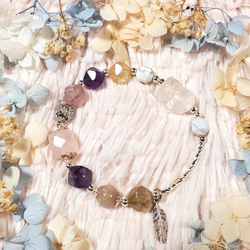 Spot Amethyst Super Seven Powder Crystal White Turquoise Cherry Blossom Agate [Multi-angle Pixiu] Pixiu Lucky Bracelet - Bracelets - Crystal Pink