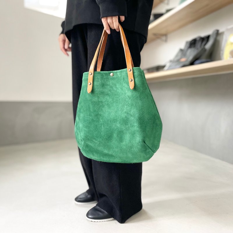 Round tote bag made of cowhide velour and extra thick oiled tanned leather S-size [Green] - Handbags & Totes - Genuine Leather Green