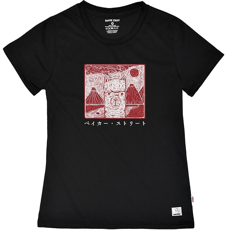 British Fashion Brand -Baker Street- Japanese Stamp Printed T-shirt - Women's T-Shirts - Cotton & Hemp Black