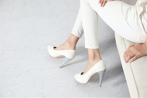 Dahlia Blanc 韓國製蕾絲開口防水台高跟婚鞋 銀色鞋跟