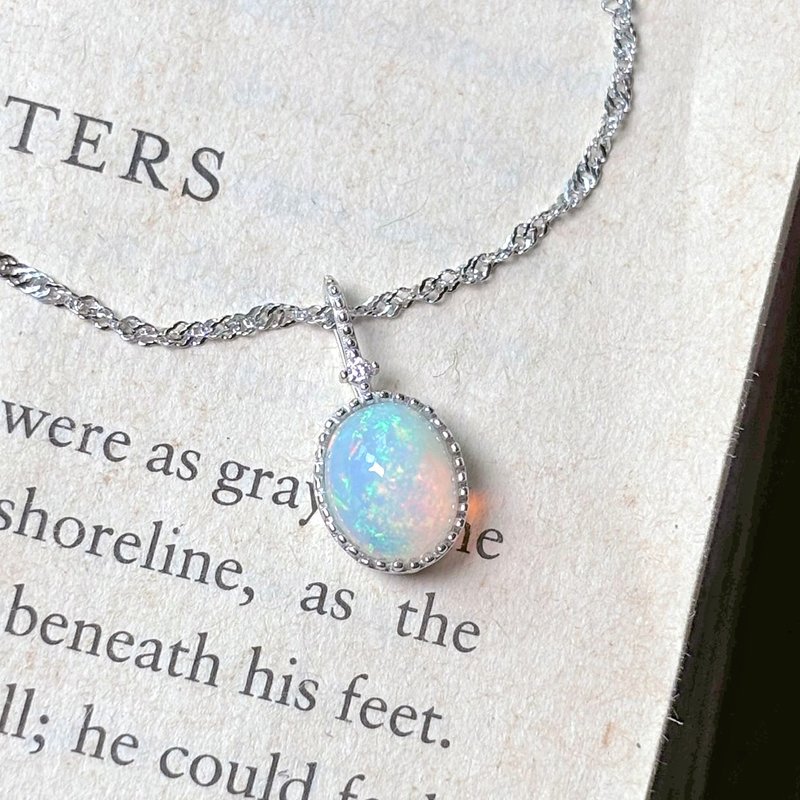 High grade-large 8x10mm opal sterling silver necklace~October birthstone - Necklaces - Jade Blue