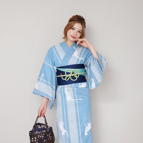 fuukakimono 日本 和服 猫圖案 女性 浴衣 腰封 2件組 F Size x13-01