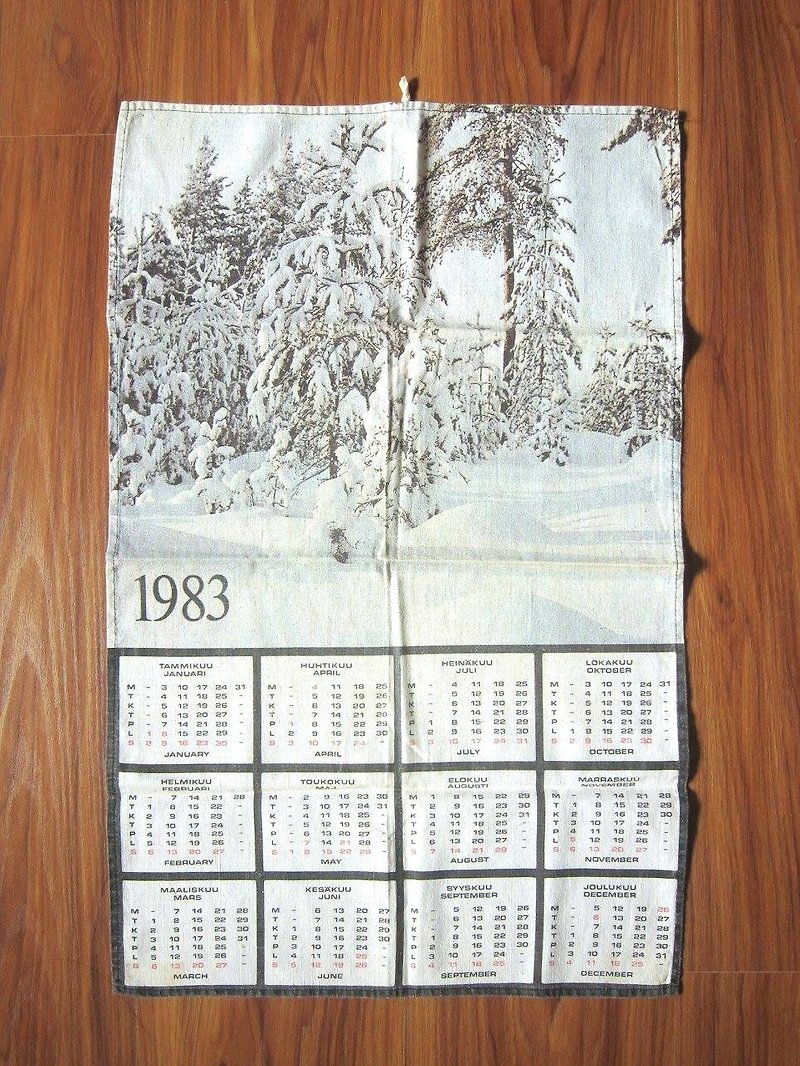 1983 Finnish Swedish parallel snow scenery calendar kitchen cloth - Cookware - Cotton & Hemp White