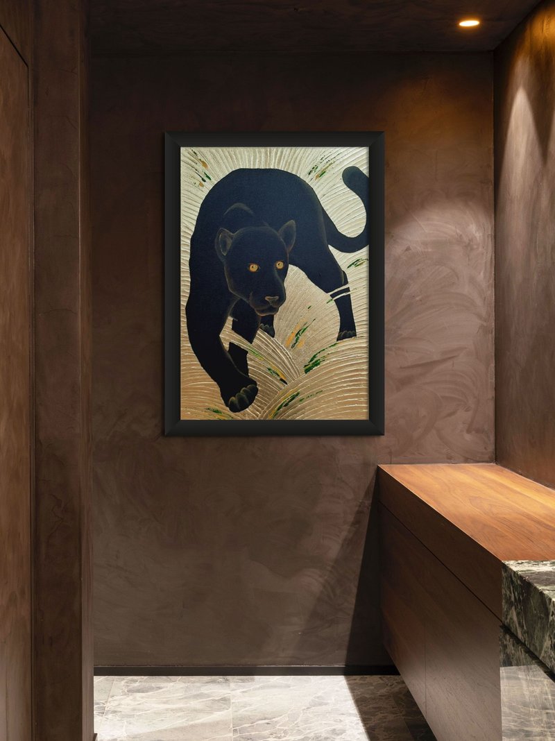 Large Abstract Panther Oil Painting on Canvas Wall Ar Picture for Living Room - Wall Décor - Cotton & Hemp Gold