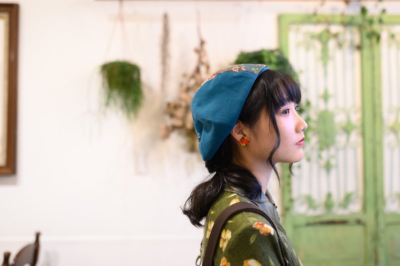 【莫內花園】手工印花貝蕾帽/貝雷帽/畫家帽 - 帽子 - 棉．麻 綠色