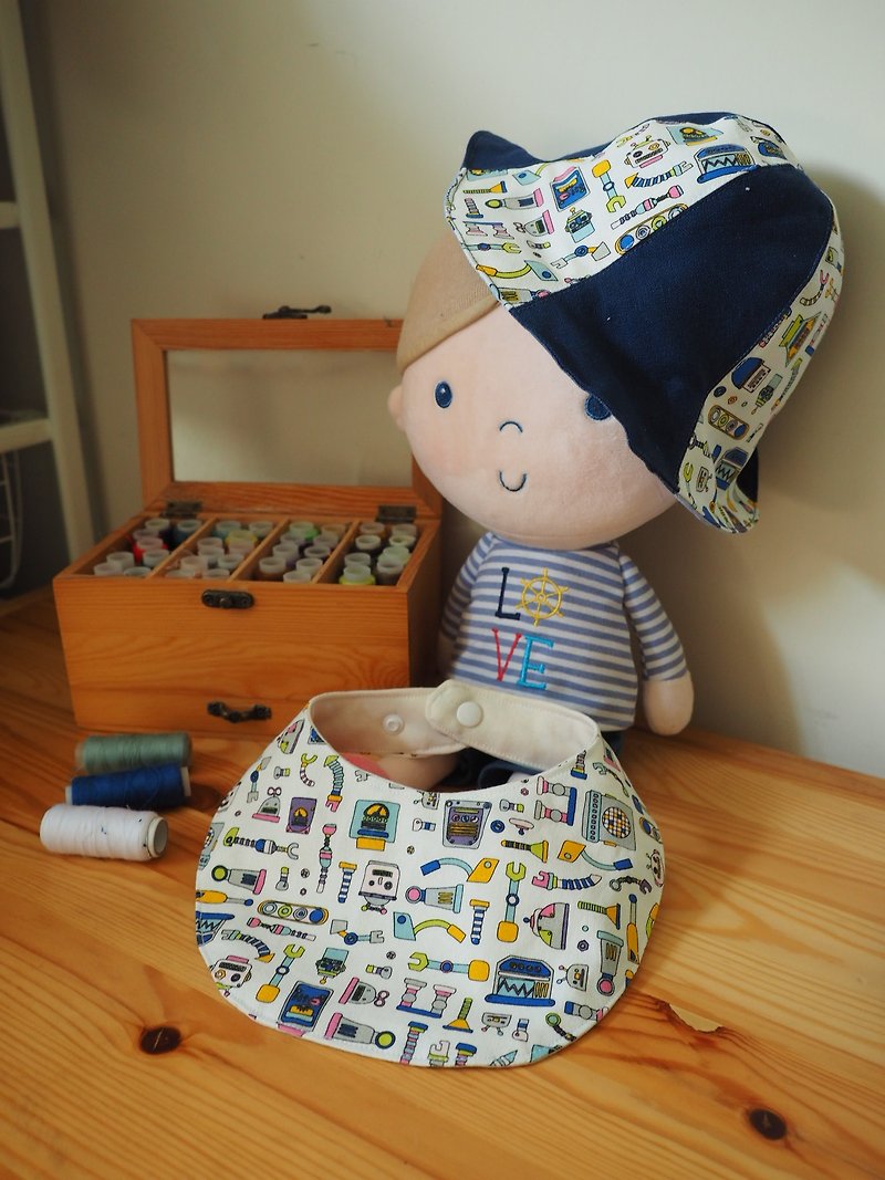 Handmade reversible blue robot hat and bib baby shower gift set
