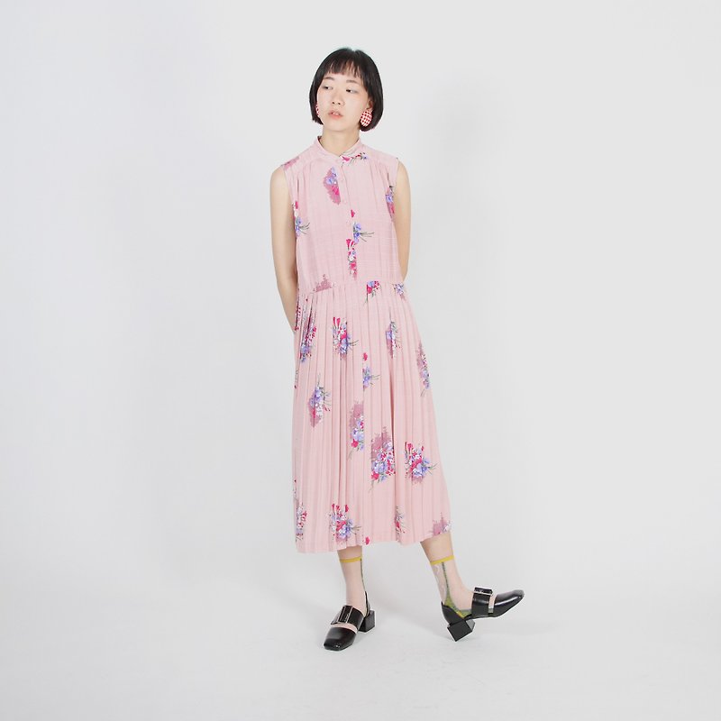 [Egg Plant Vintage] Pastel Floral Print Sleeveless Vintage Dress - One Piece Dresses - Polyester Pink