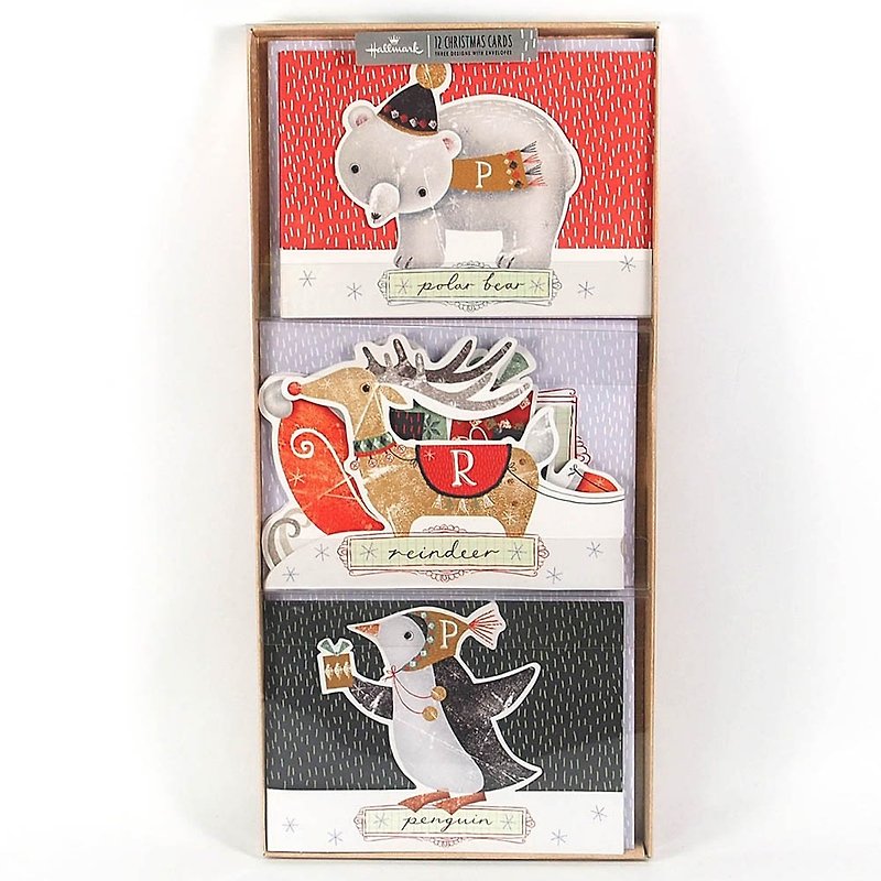 ヘラジカ、ペンギン、クマのクリスマスボックスカード 3種 計12枚【ホールマークカード クリスマスシリーズ】 - カード・はがき - 紙 多色