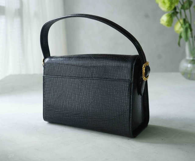 美品 Archive Leather Hand Bag U by Ungaro 80s Vintage UNGARO Dark Navy / Black Genuine Leather Handbag