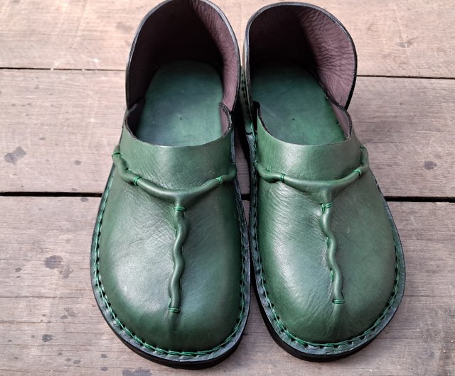 Green cheap leather clogs