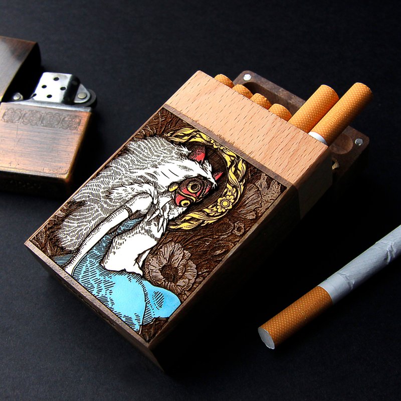 森のプリンセス - レーザー彫刻＋手描きシガレットケース - その他 - 木製 ブラウン