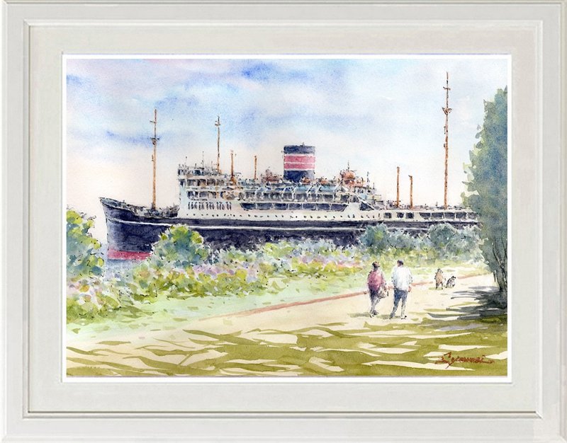 水彩画原画　氷川丸 7・横浜山下公園 - 海報/掛畫/掛布 - 紙 黑色