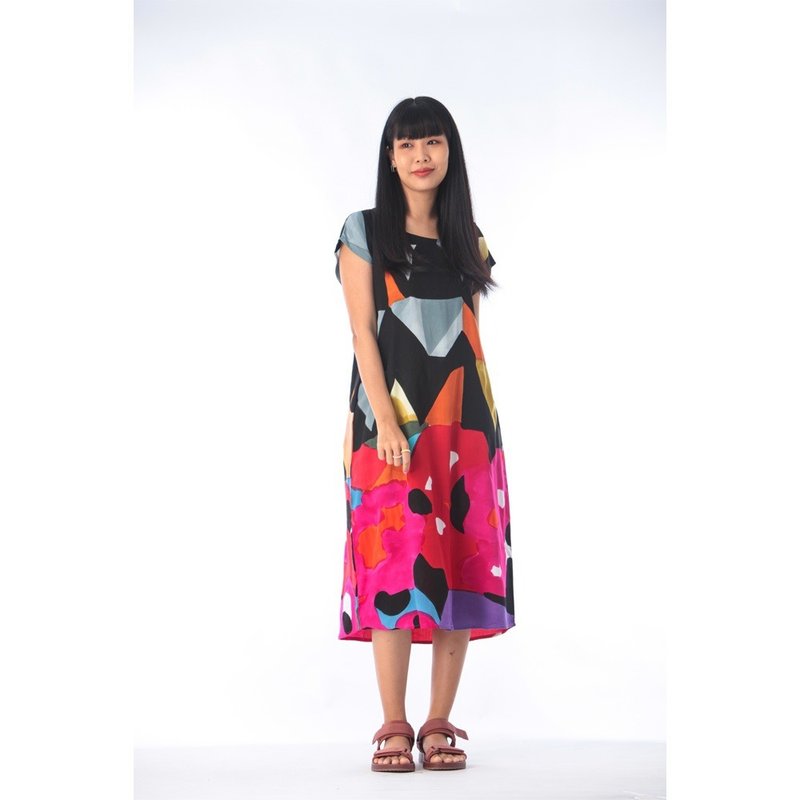 Long Dress Cotton Rayon Hand Paint - 洋裝/連身裙 - 棉．麻 灰色