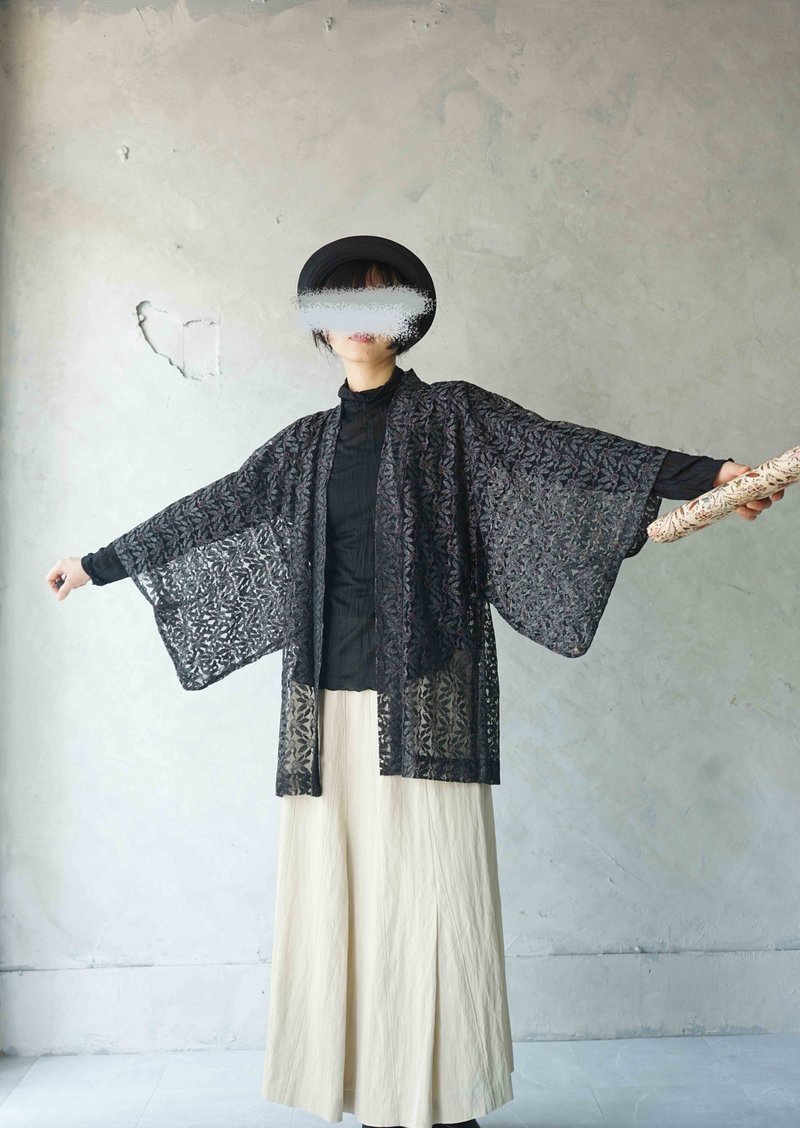尋寶古著-暗黑藍簍空蕾絲夏季罩衫和服羽織外套 - 女大衣/外套 - 聚酯纖維 黑色