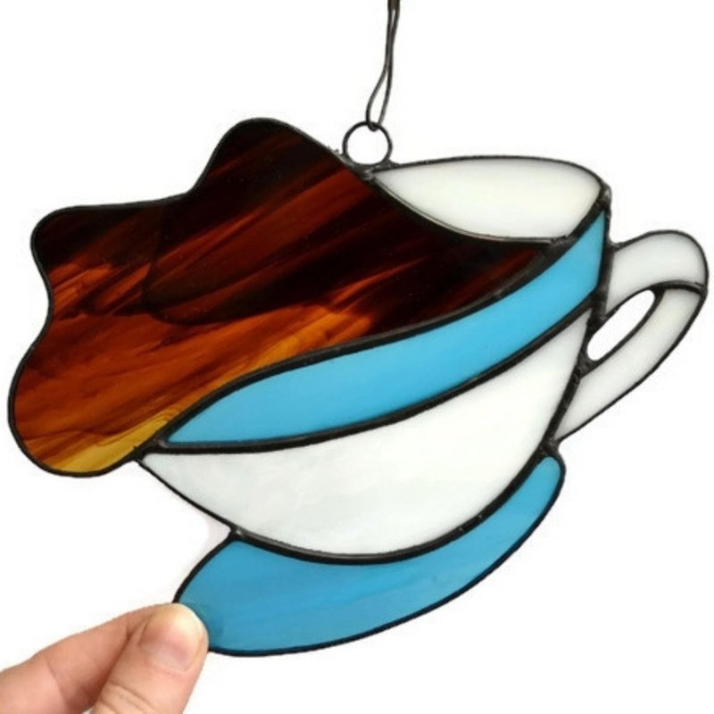 Black Coffee Cup Stained Glass Suncatcher Window Hanging, Kitchen Wall Art Decor - Wall Décor - Glass Blue