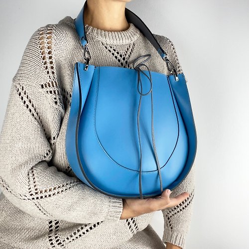 Lamponi Large Leather Bag, Crossbody Bag, Blue Saddle Bag Woman, Unique Leather Handbag
