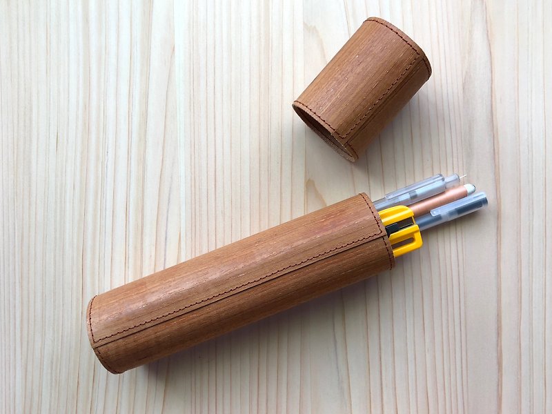 Cylinder pencil case_selected pure natural solid wood leather use_solid cork use_designer handmade - Pencil Cases - Wood 
