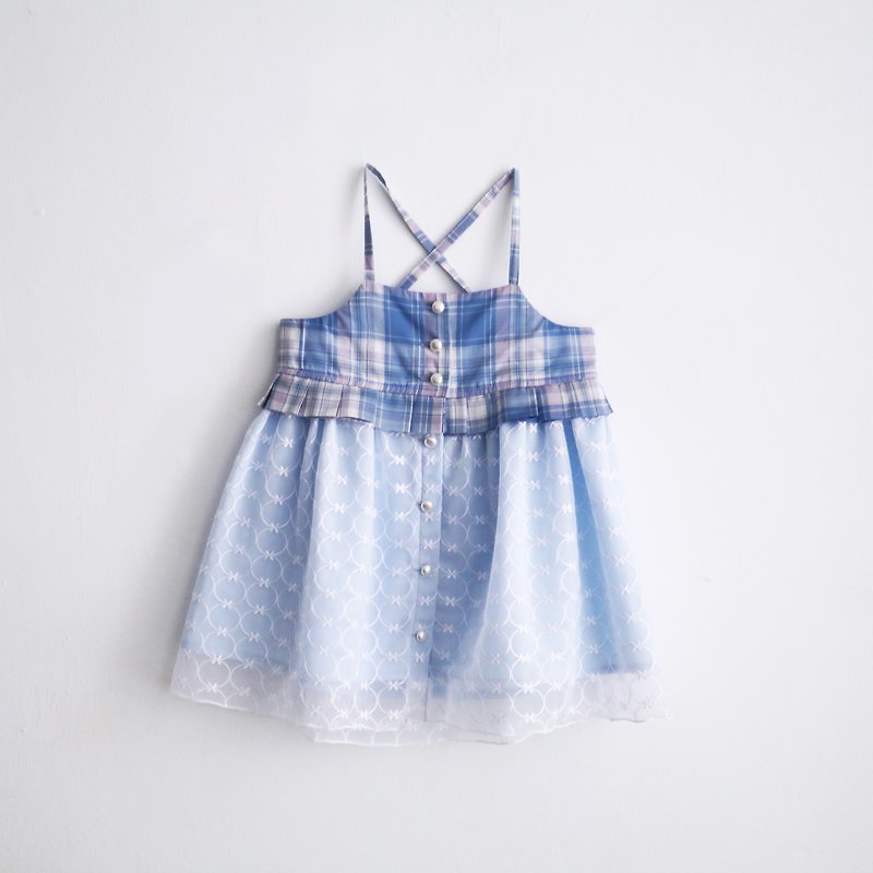 ベティのバレエチェックパールボタン刺繡糸ワンピース - キッズドレス - コットン・麻 ブルー