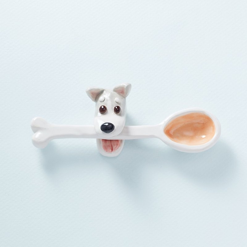 Dogs love bones. White porcelain teaspoon and teaspoon holder-handmade pottery - ช้อนส้อม - วัสดุอื่นๆ ขาว