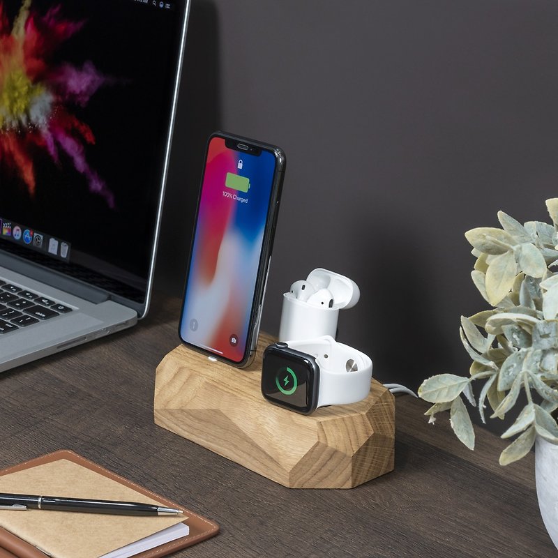 Triple Dock - iPhone, Apple Watch, AirPods docking station - Chargers & Cables - Wood Brown
