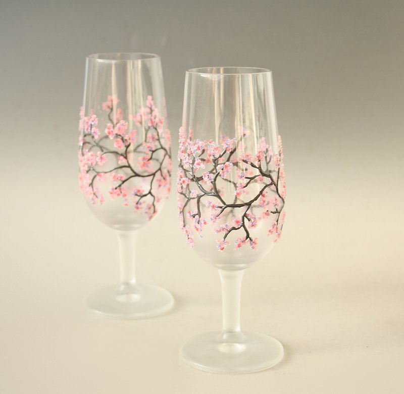 Sakura Aperitif Wine Glasses Wedding Hand Painted Set of 2 - 酒杯/酒器 - 玻璃 粉紅色