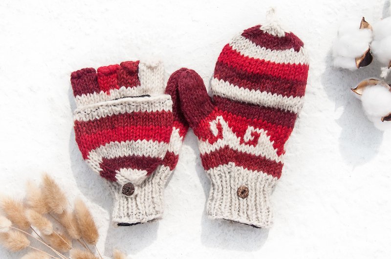 Hand-knitted pure wool knit gloves / detachable gloves / inner bristled gloves / warm gloves - red and white contrast - Gloves & Mittens - Wool Multicolor