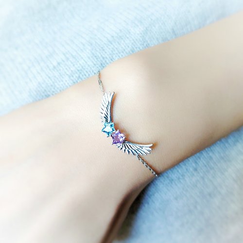 Tamasii Jewellery 飛翔雙子星星紫晶瑞士藍托帕石純銀索繩手鏈