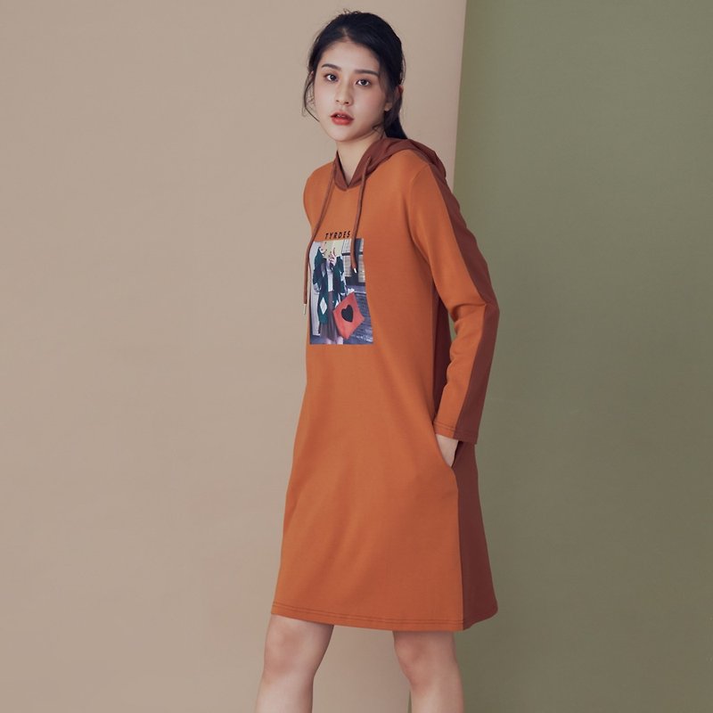 【MEDUSA LADY】Contrast Brown Hooded Dress - ชุดเดรส - ผ้าฝ้าย/ผ้าลินิน สีส้ม