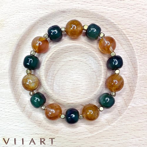 VIIART ❘ 復古黃銅飾物 VIIART。綠水金山。限量和田玉黃膠花水晶黃銅手環|天然石手串