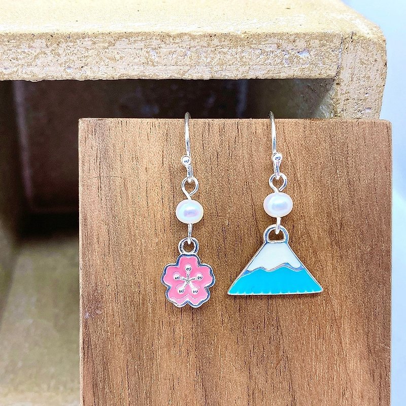 Blue Mt. Fuji with Pink Sakura Silver 925 &amp; Fresh Water Pearl Earrings