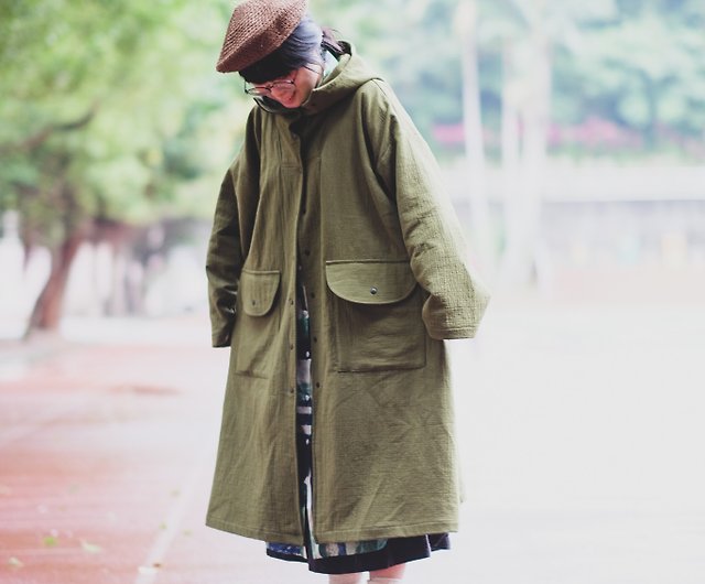 Mustard green cape wide long sleeve hooded long coat - Shop