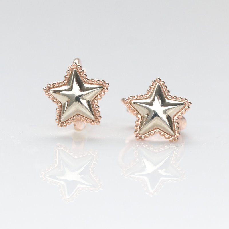 14K two-color gold star earrings (inner diameter 6.5 mm), no need to take them off when taking a shower, no fading due to sweating - ต่างหู - เครื่องประดับ สีทอง