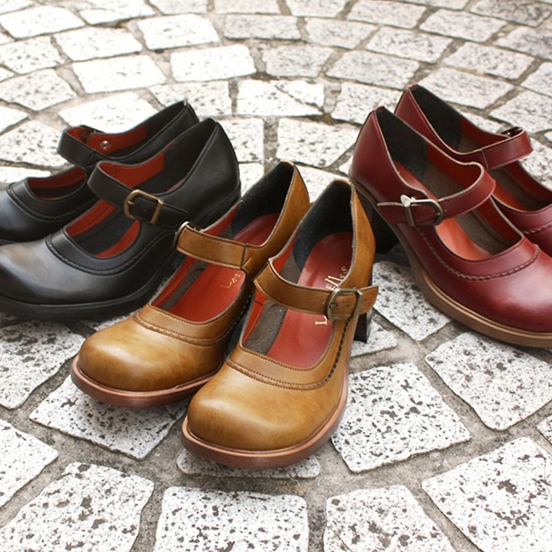 Nostalgic Heel Shoes Strap Made in Japan A0594 [Delivery date 40 days] - รองเท้าส้นสูง - หนังเทียม สีดำ