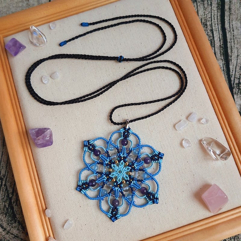 N001-Hand-woven mandala energy crystal necklace all natural stone ethnic style - Necklaces - Nylon Blue