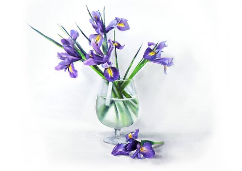 WallArtHome Irises original watercolor painting by artist Irina Zhunaeva
