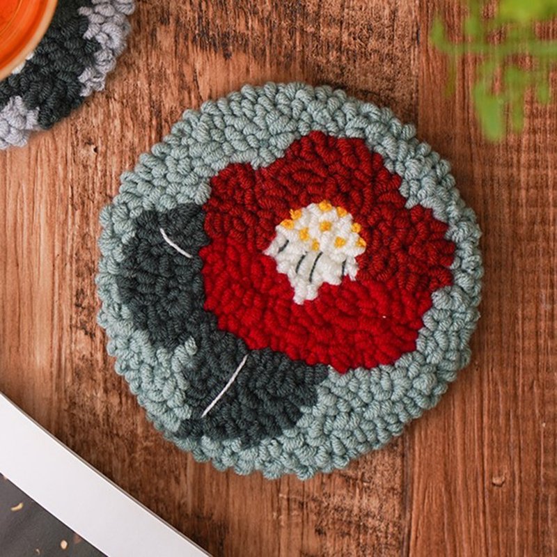 【Camellia Coaster】Punch Needle Embroidery Set | Xiu Crafts - Knitting, Embroidery, Felted Wool & Sewing - Thread 