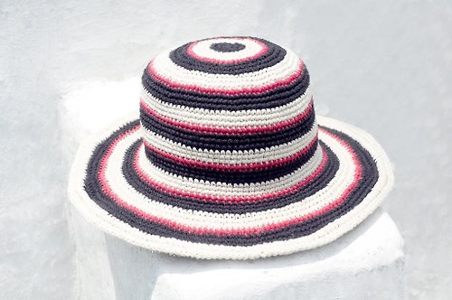 omhandmade 七夕禮物 限量一件 編織棉麻帽/編織帽/漁夫帽/遮陽帽/草帽 - 黑巧克力草莓 繽紛條紋 手織帽