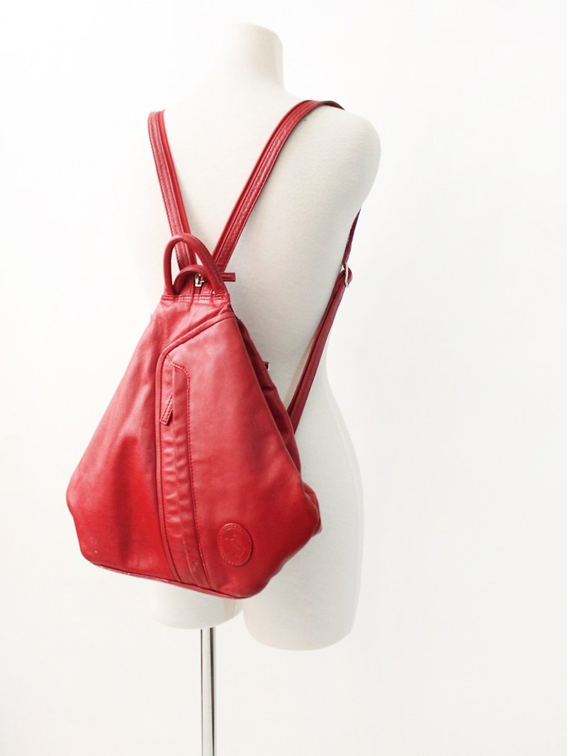 復古真皮歐洲可愛紅色後背包側背包古董包 European Vintage Bag - 後背包/書包 - 真皮 紅色