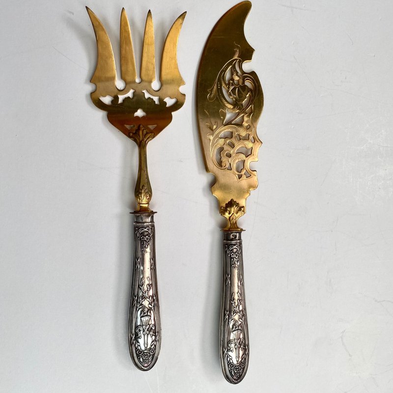 古董餐桌組魚|來自法國的黃銅刀叉| 1930年 - 刀叉/湯匙/餐具組 - 其他金屬 金色