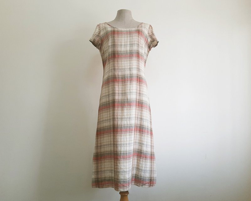 Medium Vintage Brown Red Plaid Dress Womens Linen Midi Dress Short Sleeve Dress - 洋裝/連身裙 - 棉．麻 咖啡色