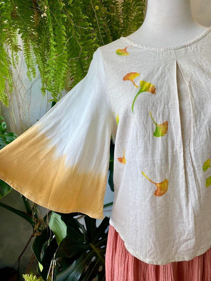 Hand-painted ginkgo + mineral mud-dyed pure Linen and linen round neck, 8-point large water sleeves, discounted design on the chest - Women's Tops - Cotton & Hemp Orange