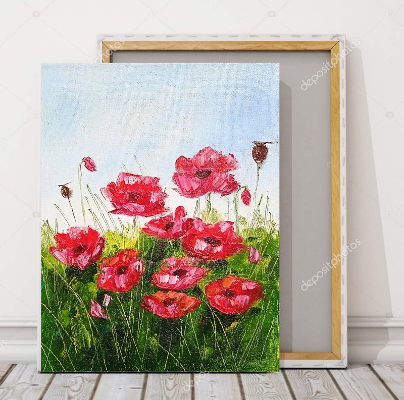 Oil painting, Bright red flowers, Canvas, Meadow Art, Red Poppies,Impasto Art - โปสเตอร์ - วัสดุอื่นๆ หลากหลายสี