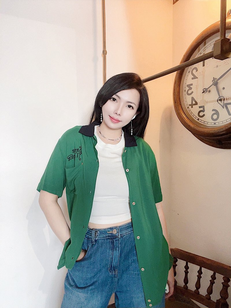 深綠撞色黑領 純絲薄料 保齡球衫bowling shirt ボウリングシャツ - 女襯衫 - 絲．絹 多色
