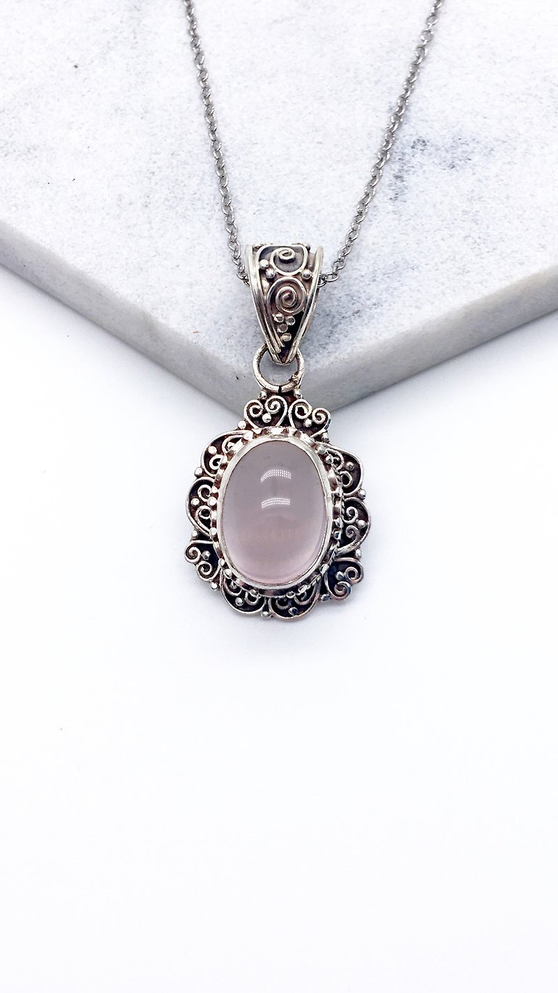 粉水晶925純銀重工心形鑲邊項鍊 尼泊爾手工鑲嵌製作-款式1 - 項鍊 - 寶石 粉紅色