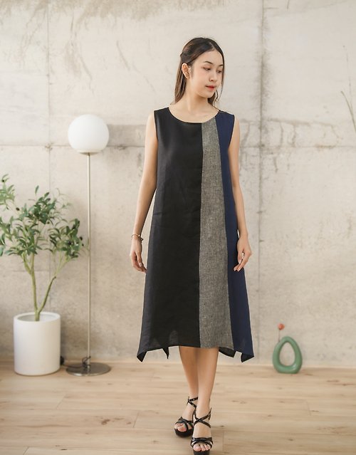Candith Natural Linen Midi Dress - Multicolor Black/Blue/Grey