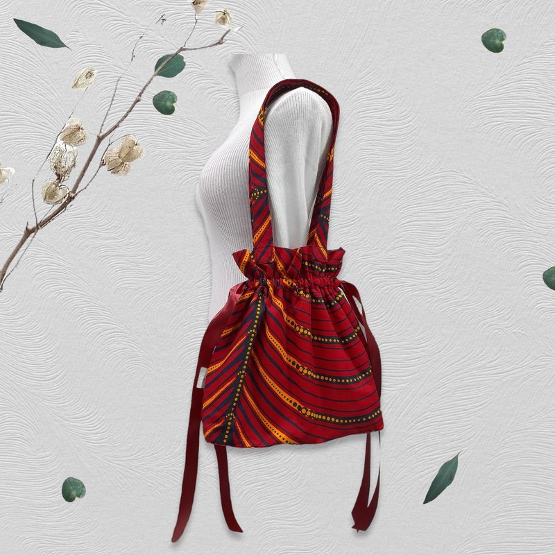 African print drawstring bag, shoulder bag, Ribbon drawstring bag Tote bag Gifts - 束口袋/束口背包/水桶包 - 棉．麻 紅色