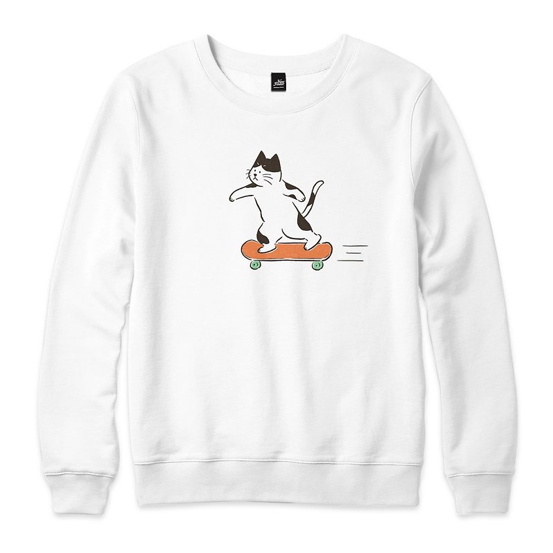Skateboard cat kuku - white - unisex version of university T - เสื้อฮู้ด - ผ้าฝ้าย/ผ้าลินิน ขาว